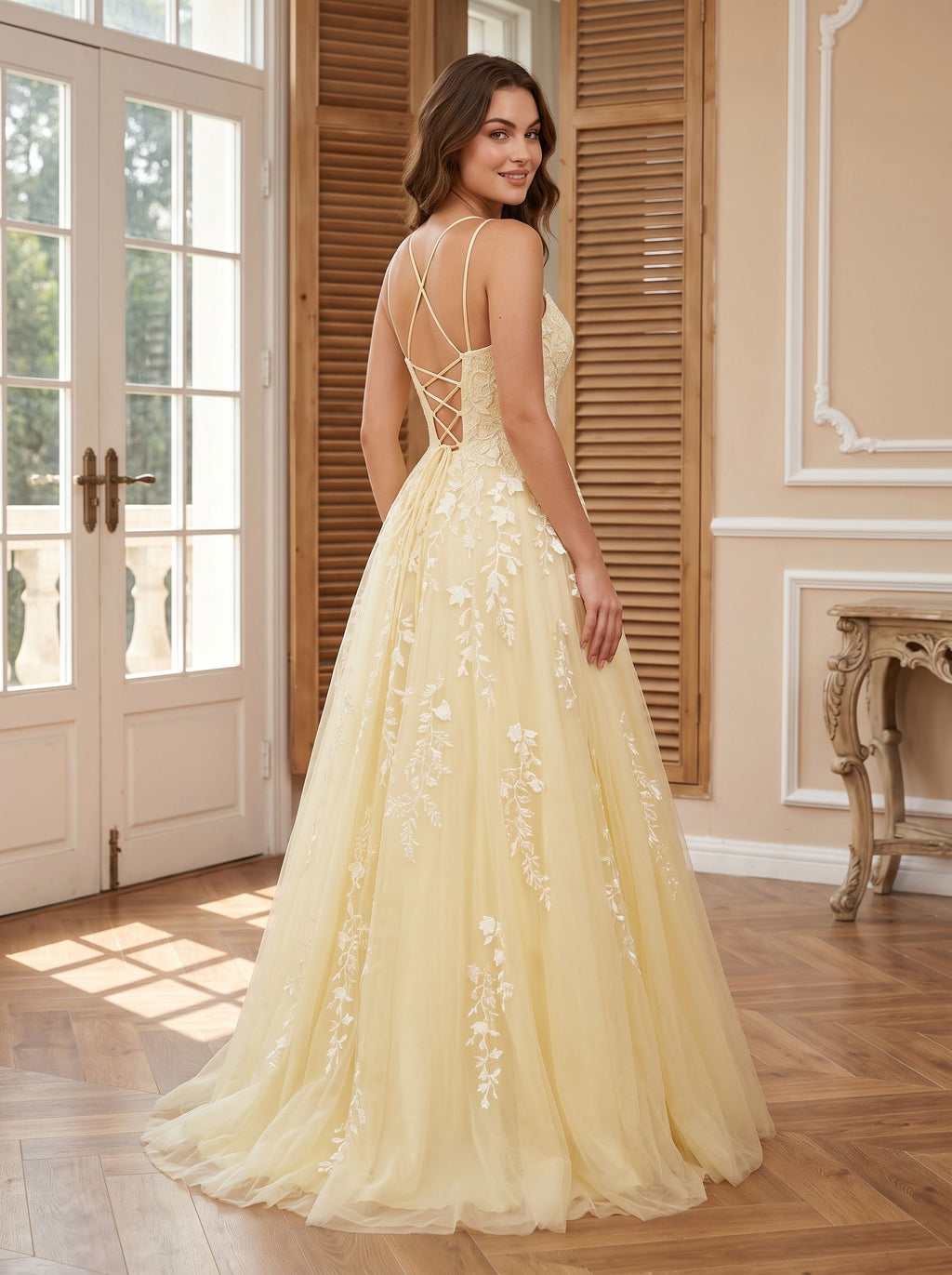 Yellow Tulle & Lace A-Line Scoop Neck Lace-up Floor-Length Dress with Lace Bodice - Curvevia