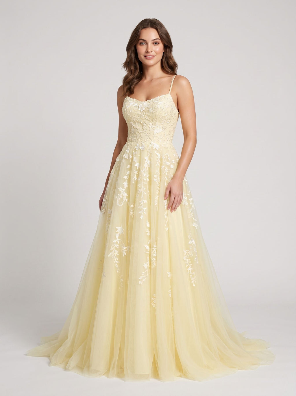 Yellow Tulle & Lace A-Line Scoop Neck Lace-up Floor-Length Dress with Lace Bodice - Curvevia