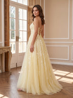 Yellow Tulle & Lace A-Line Scoop Neck Lace-up Floor-Length Dress with Lace Bodice - Curvevia