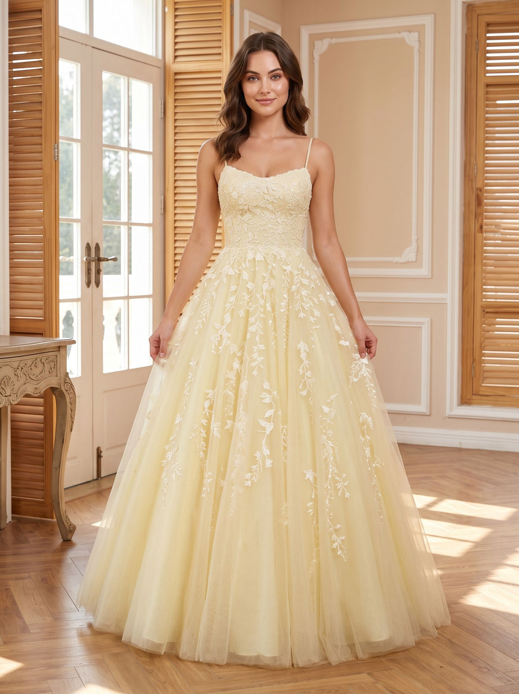 Yellow Tulle & Lace A-Line Scoop Neck Lace-up Floor-Length Dress with Lace Bodice - Curvevia