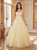 Yellow Tulle & Lace A-Line Scoop Neck Lace-up Floor-Length Dress with Lace Bodice - Curvevia