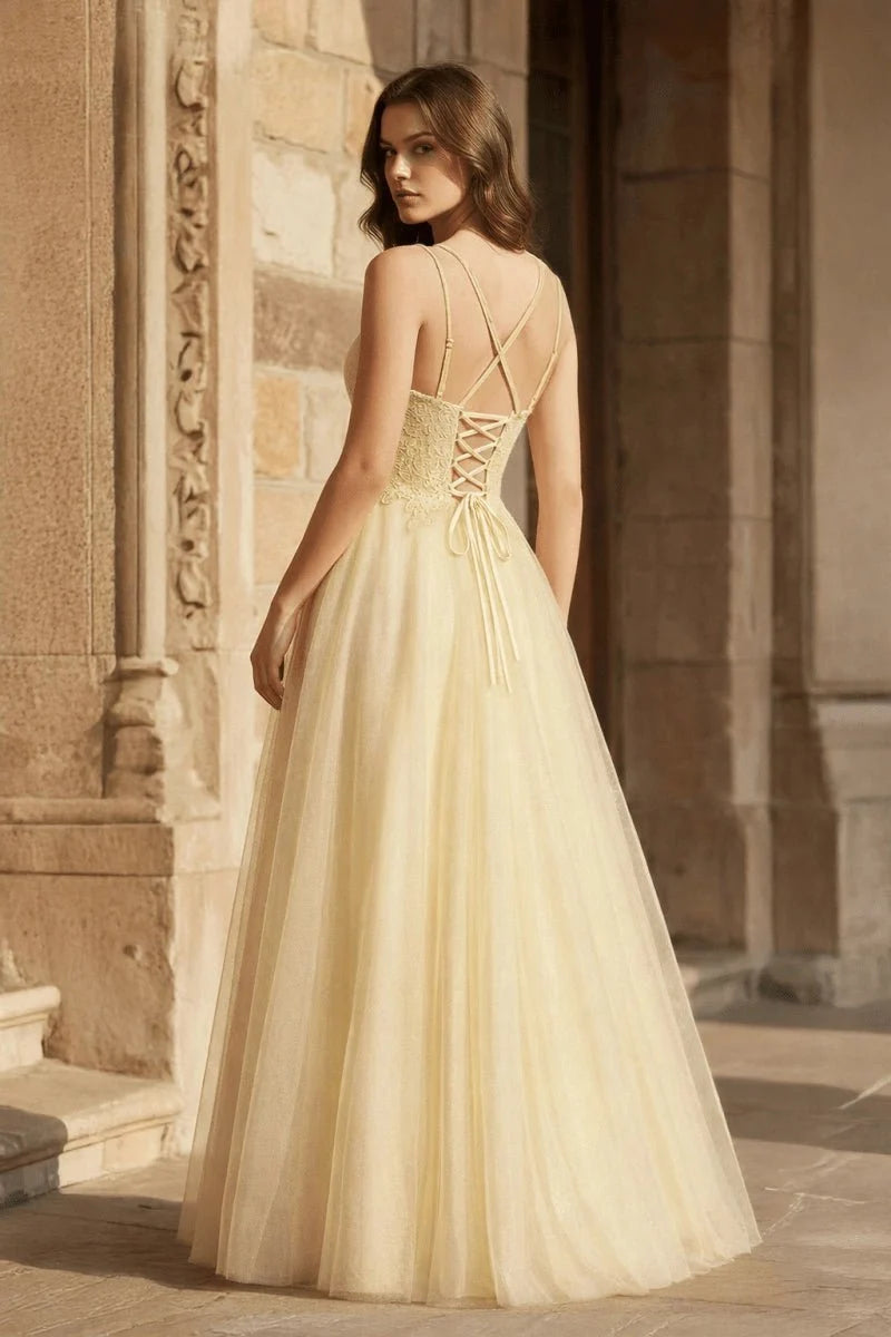 Yellow A-line Floor Length Glitter Tulle Mother of the Bride Dress - Curvevia