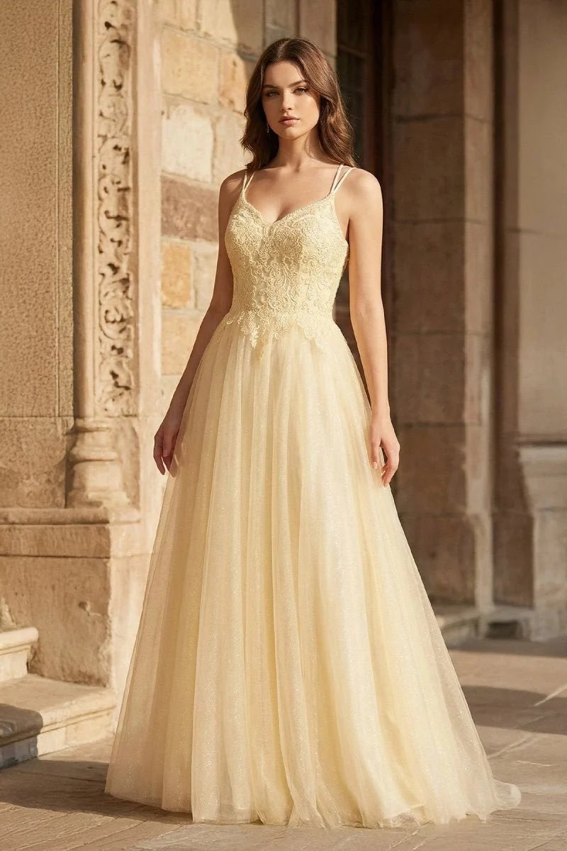 Yellow A-line Floor Length Glitter Tulle Mother of the Bride Dress - Curvevia