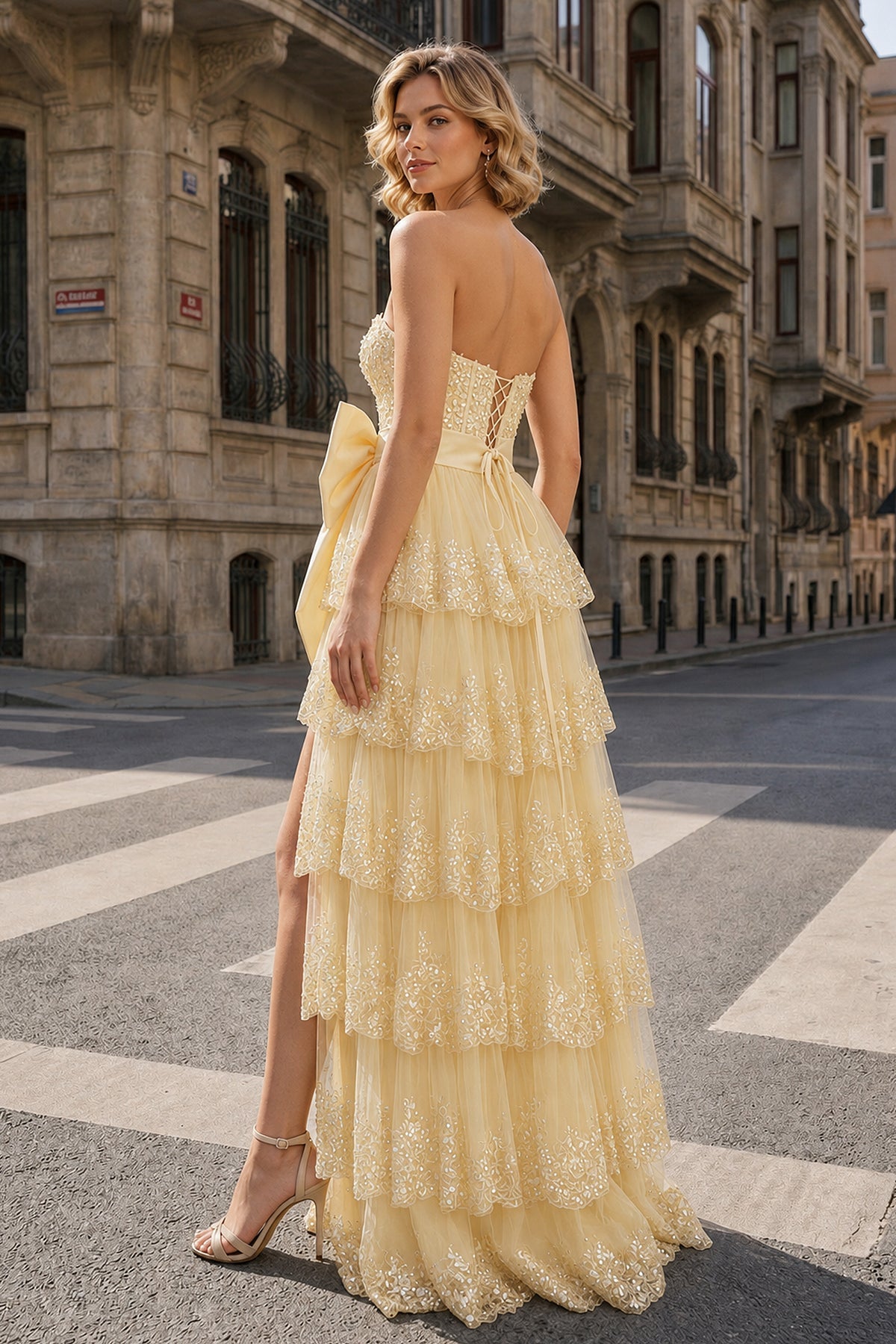 Sweetheart Light Blue Lace Appliques Ruffle Long Formal Gown - Curvevia