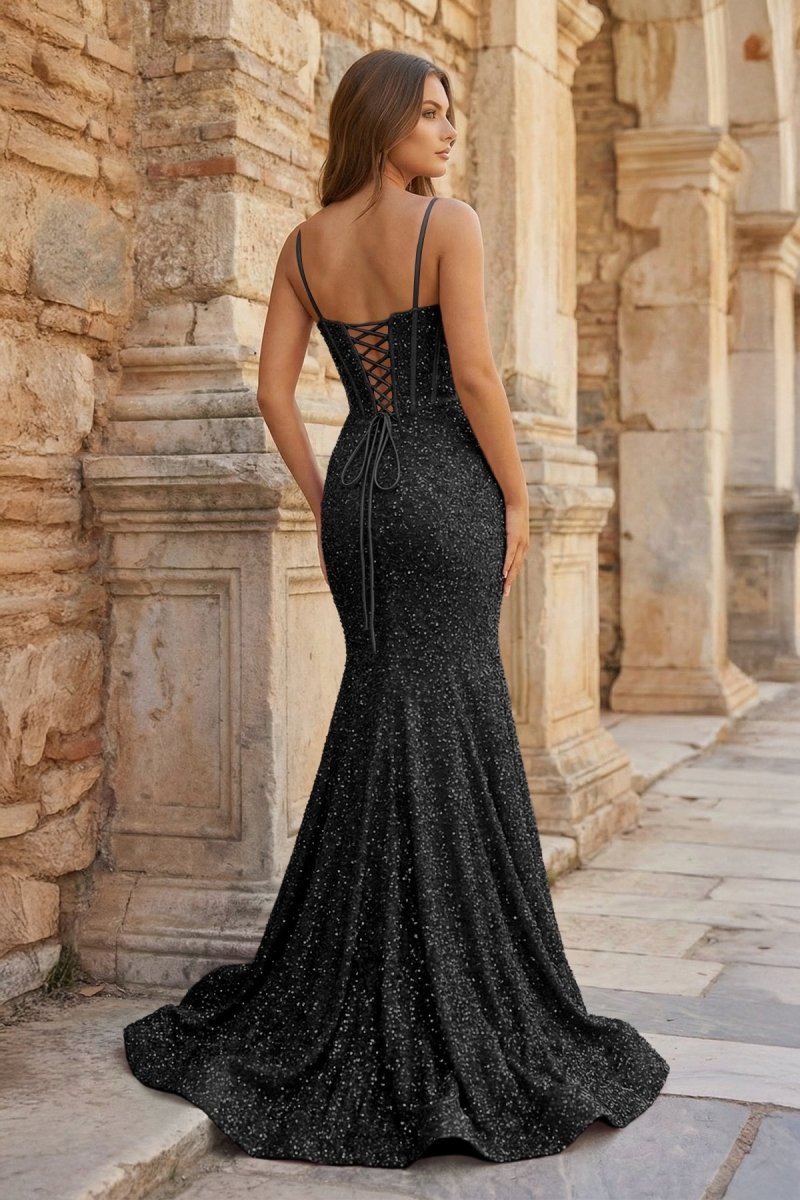 Mermaid Spaghetti Straps Sky Blue Sequins Evening Dress - Curvevia