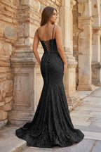 Mermaid Spaghetti Straps Sky Blue Sequins Evening Dress - Curvevia