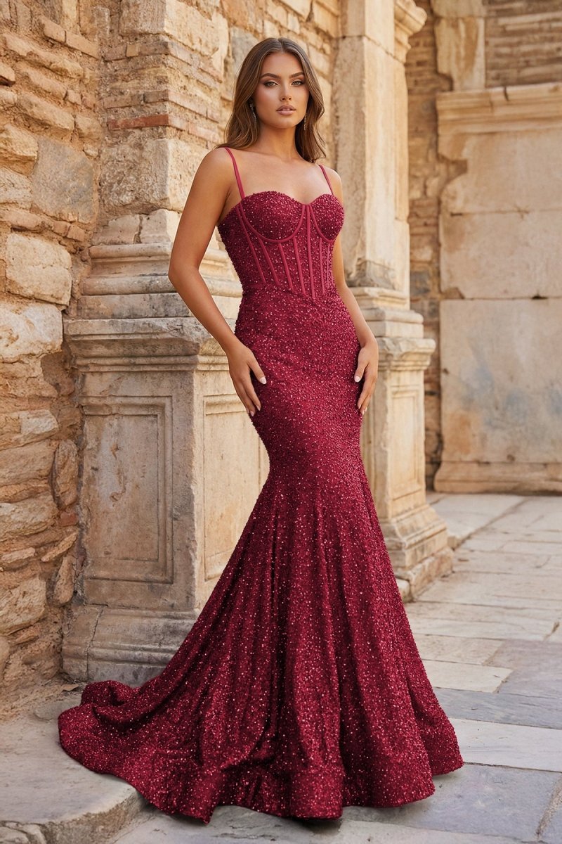 Mermaid Spaghetti Straps Sky Blue Sequins Evening Dress - Curvevia