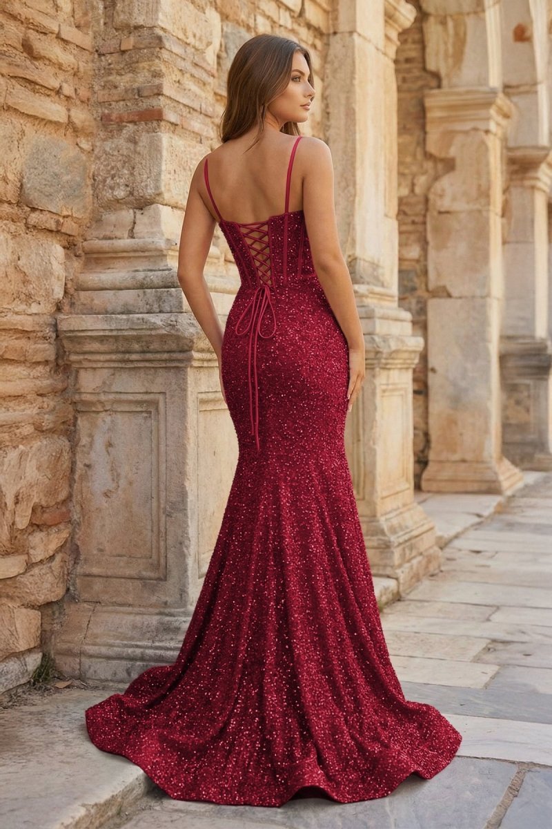 Mermaid Spaghetti Straps Sky Blue Sequins Evening Dress - Curvevia