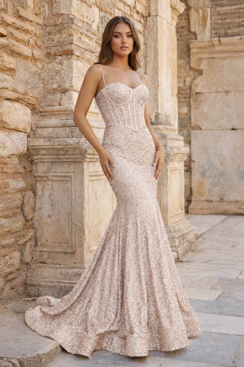 Mermaid Spaghetti Straps Sky Blue Sequins Evening Dress - Curvevia