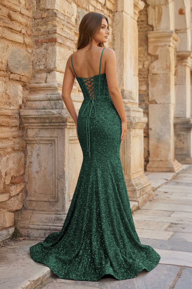 Mermaid Spaghetti Straps Sky Blue Sequins Evening Dress - Curvevia