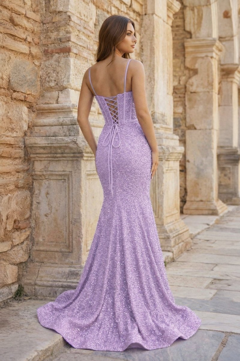 Mermaid Spaghetti Straps Sky Blue Sequins Evening Dress - Curvevia