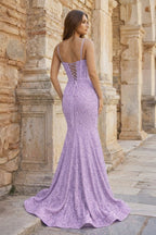 Mermaid Spaghetti Straps Sky Blue Sequins Evening Dress - Curvevia