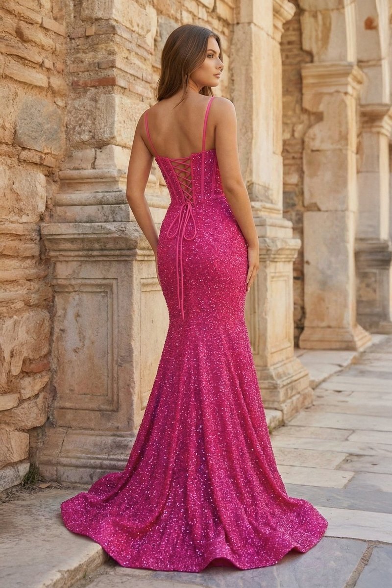 Mermaid Spaghetti Straps Sky Blue Sequins Evening Dress - Curvevia