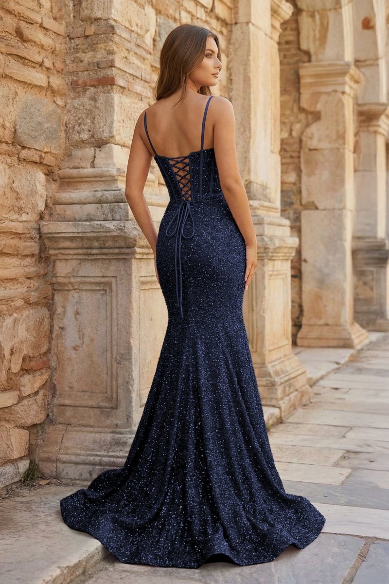 Mermaid Spaghetti Straps Sky Blue Sequins Evening Dress - Curvevia
