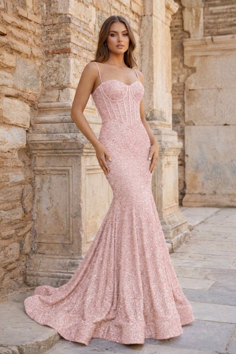 Mermaid Spaghetti Straps Sky Blue Sequins Evening Dress - Curvevia
