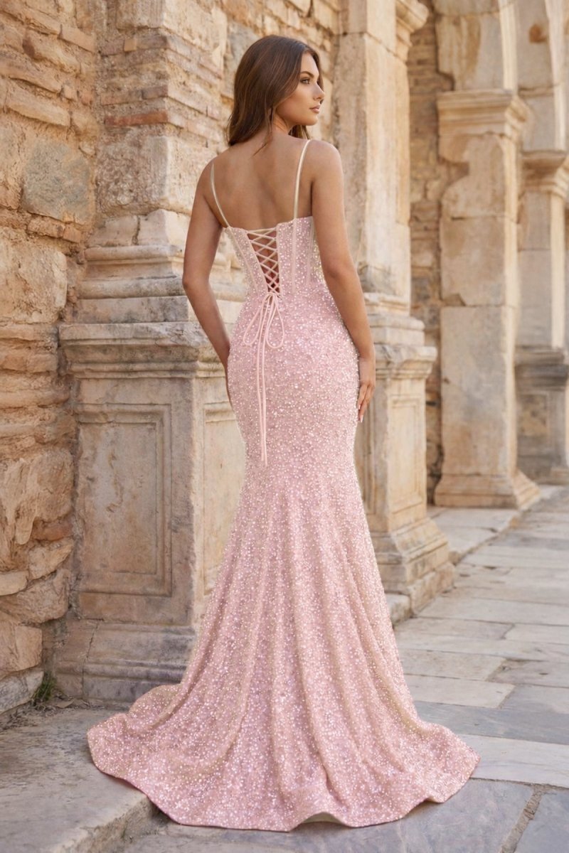 Mermaid Spaghetti Straps Sky Blue Sequins Evening Dress - Curvevia