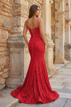 Mermaid Spaghetti Straps Sky Blue Sequins Evening Dress - Curvevia