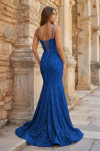 Mermaid Spaghetti Straps Sky Blue Sequins Evening Dress - Curvevia