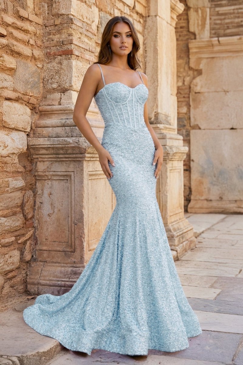 Mermaid Spaghetti Straps Sky Blue Sequins Evening Dress - Curvevia