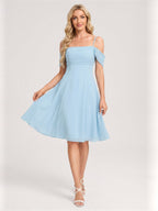 Coquette Sky Blue Chiffon A-Line Straight Neck Knee-Length Bridesmaid Dress - Curvevia