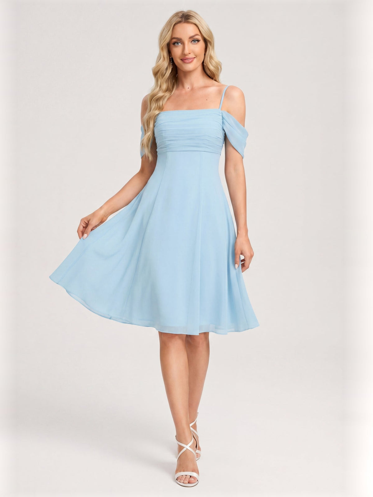 Coquette Sky Blue Chiffon A-Line Straight Neck Knee-Length Bridesmaid Dress - Curvevia