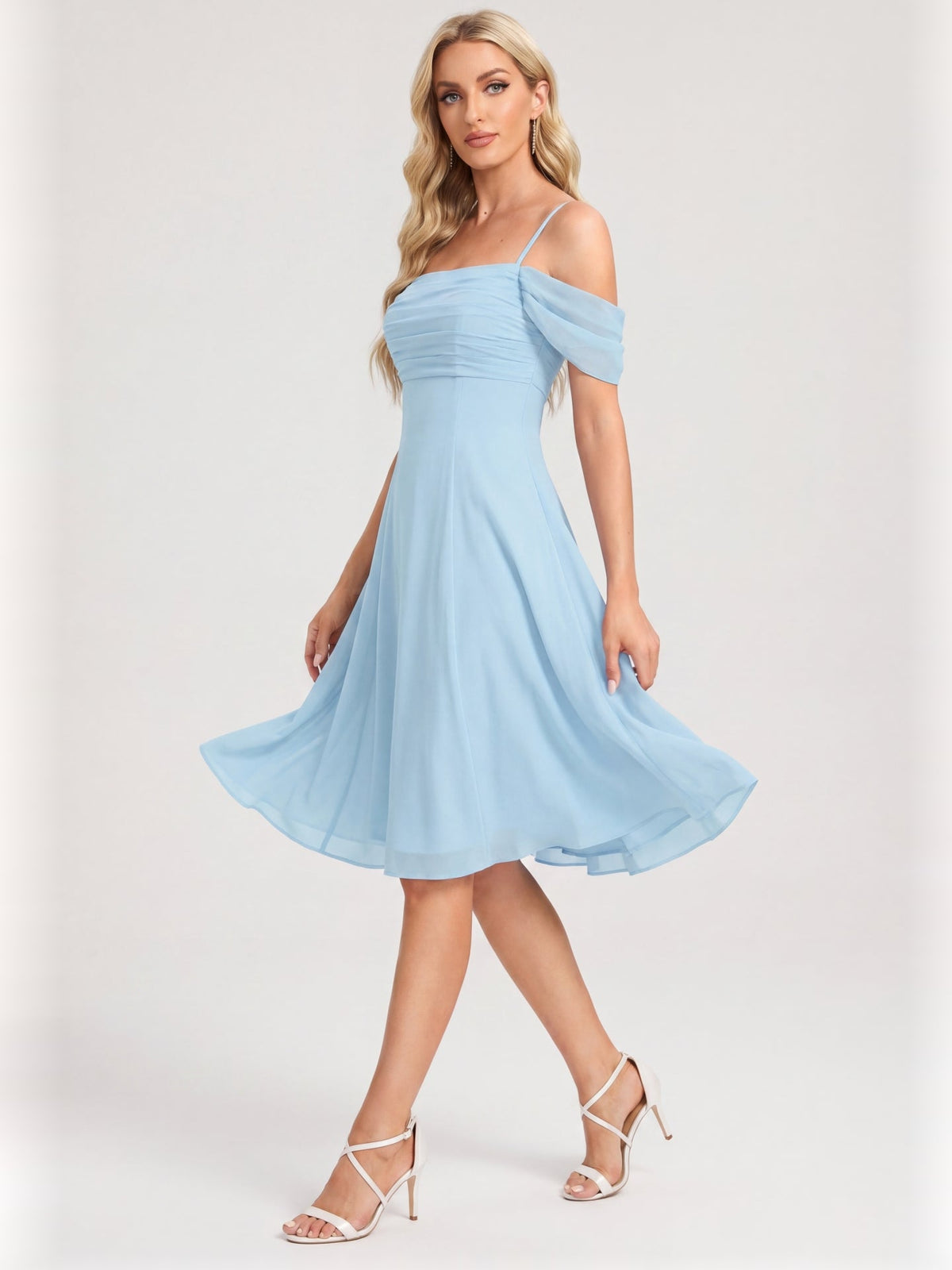 Coquette Sky Blue Chiffon A-Line Straight Neck Knee-Length Bridesmaid Dress - Curvevia