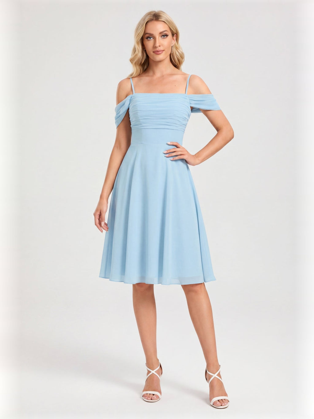 Coquette Sky Blue Chiffon A-Line Straight Neck Knee-Length Bridesmaid Dress - Curvevia