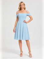 Coquette Sky Blue Chiffon A-Line Straight Neck Knee-Length Bridesmaid Dress - Curvevia