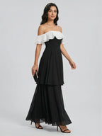 Coquette Black Chiffon A-Line Off-the-Shoulder Ankle-Length Bridesmaid Dress - Curvevia