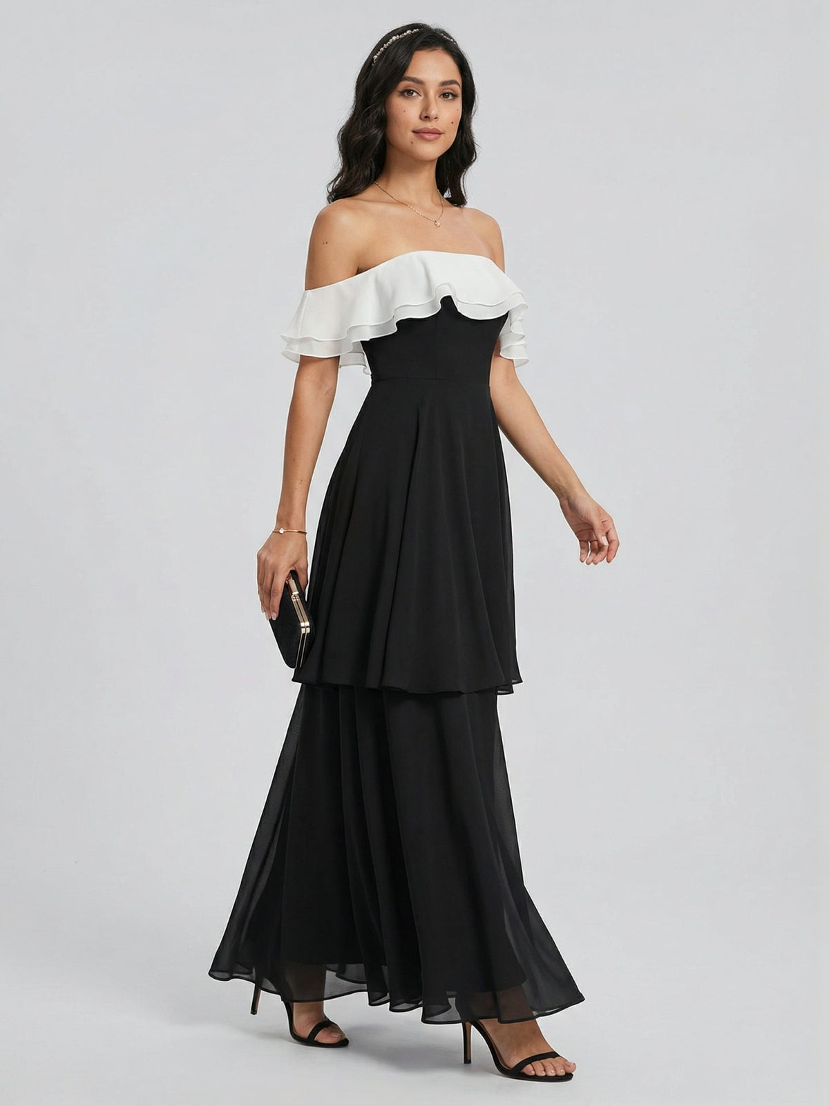 Coquette Black Chiffon A-Line Off-the-Shoulder Ankle-Length Bridesmaid Dress - Curvevia