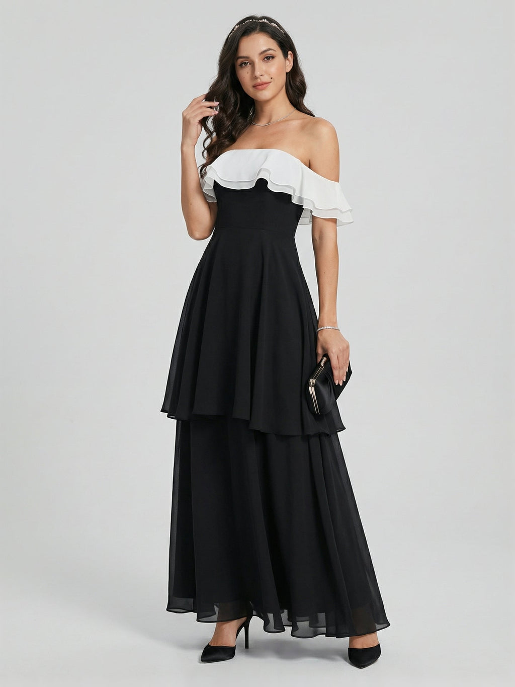 Coquette Black Chiffon A-Line Off-the-Shoulder Ankle-Length Bridesmaid Dress - Curvevia