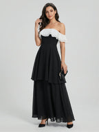 Coquette Black Chiffon A-Line Off-the-Shoulder Ankle-Length Bridesmaid Dress - Curvevia