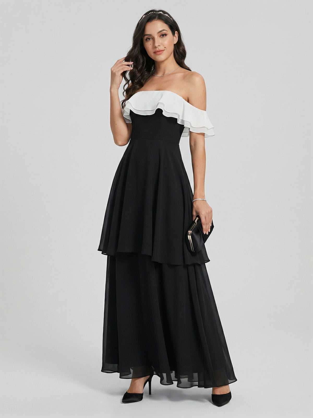 Coquette Black Chiffon A-Line Off-the-Shoulder Ankle-Length Bridesmaid Dress - Curvevia