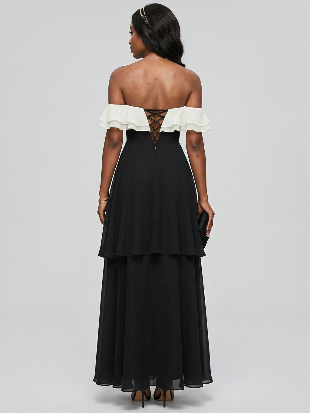 Coquette Black Chiffon A-Line Off-the-Shoulder Ankle-Length Bridesmaid Dress - Curvevia