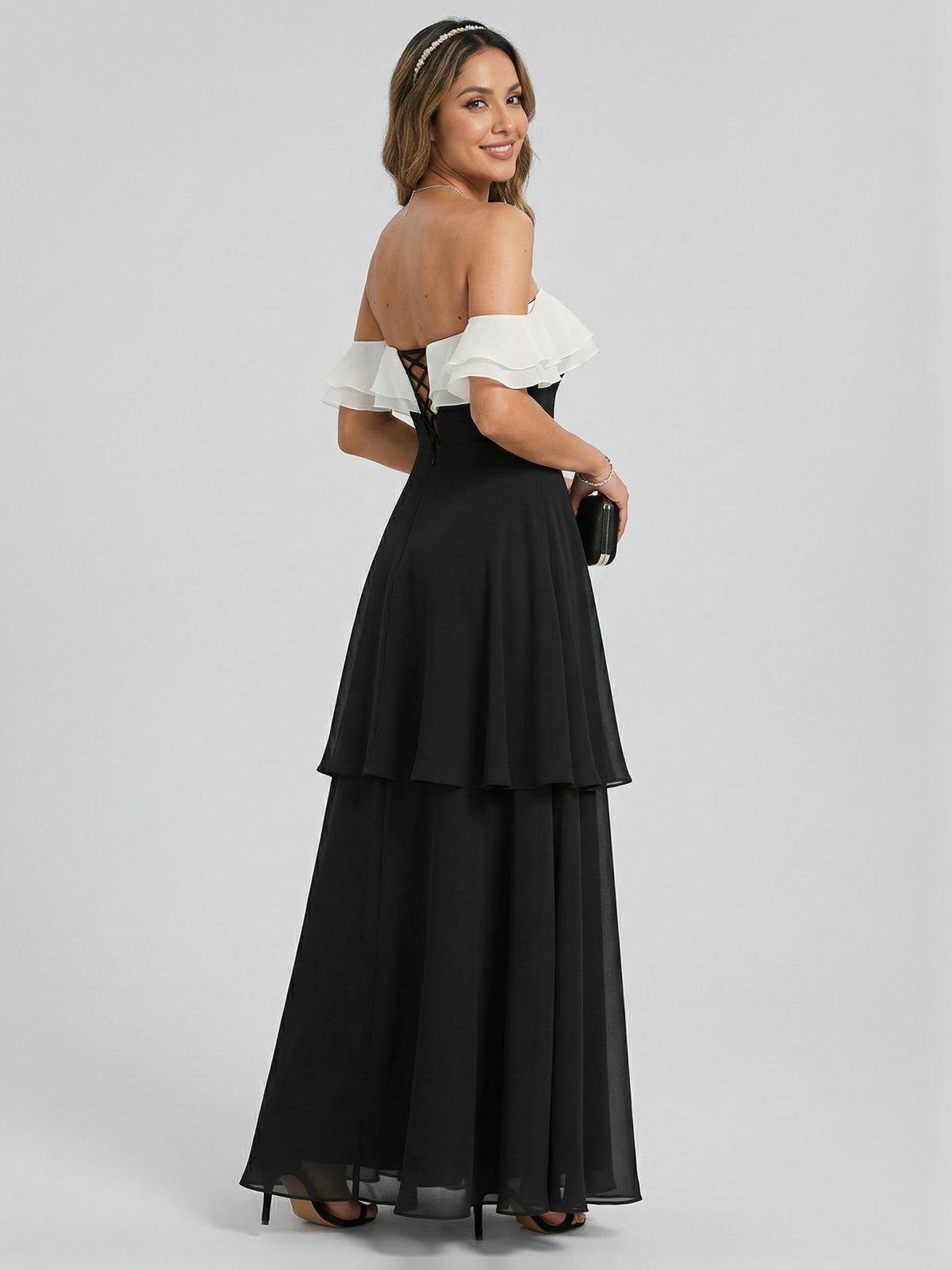 Coquette Black Chiffon A-Line Off-the-Shoulder Ankle-Length Bridesmaid Dress - Curvevia