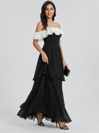 Coquette Black Chiffon A-Line Off-the-Shoulder Ankle-Length Bridesmaid Dress - Curvevia