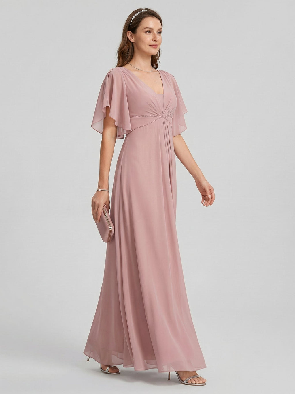 Coquette Dusty Rose Chiffon A-Line V-Neck V-Back Ankle-Length Bridesmaid Dress - Curvevia