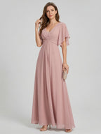 Coquette Dusty Rose Chiffon A-Line V-Neck V-Back Ankle-Length Bridesmaid Dress - Curvevia