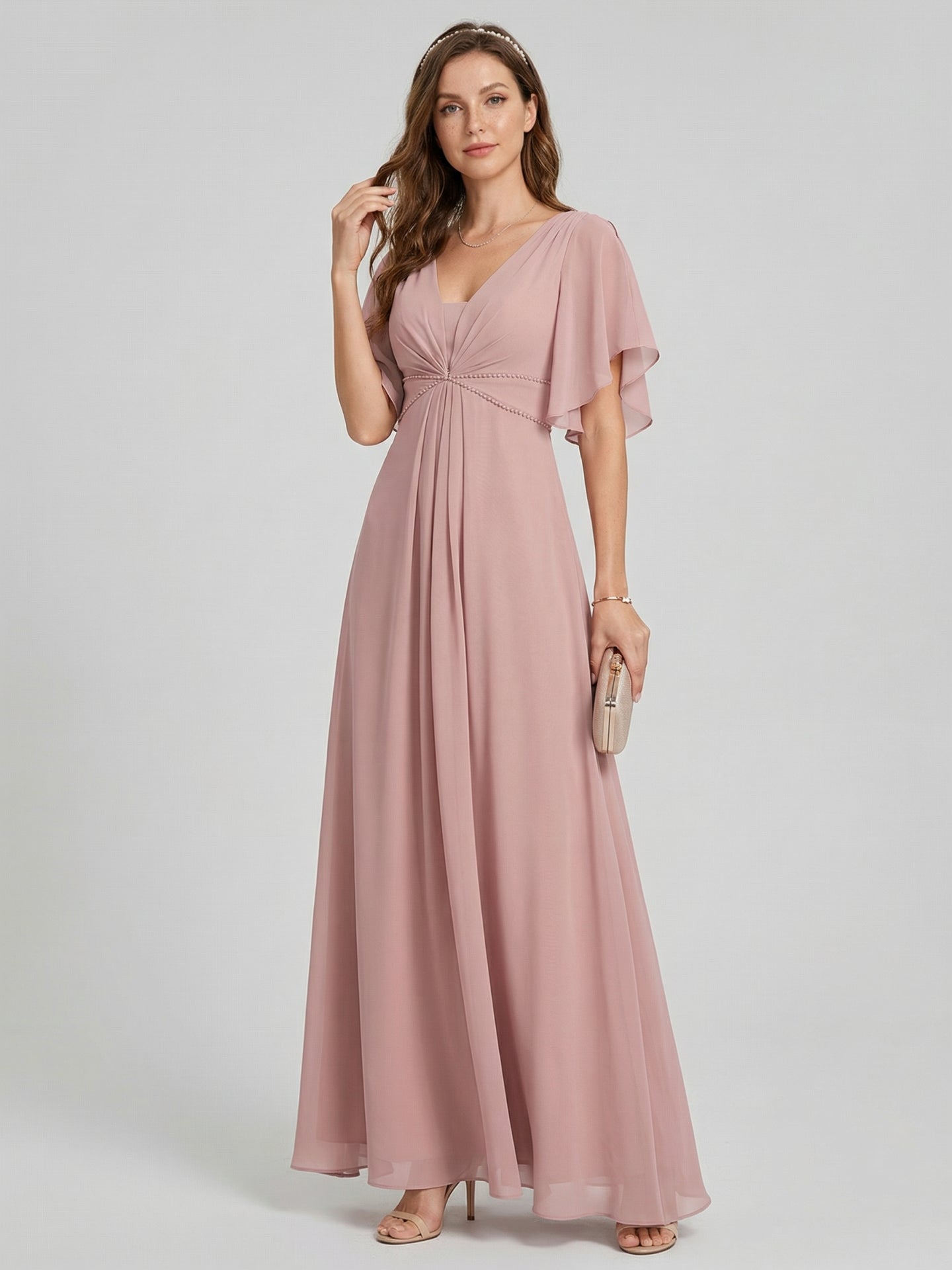 Coquette Dusty Rose Chiffon A-Line V-Neck V-Back Ankle-Length Bridesmaid Dress - Curvevia