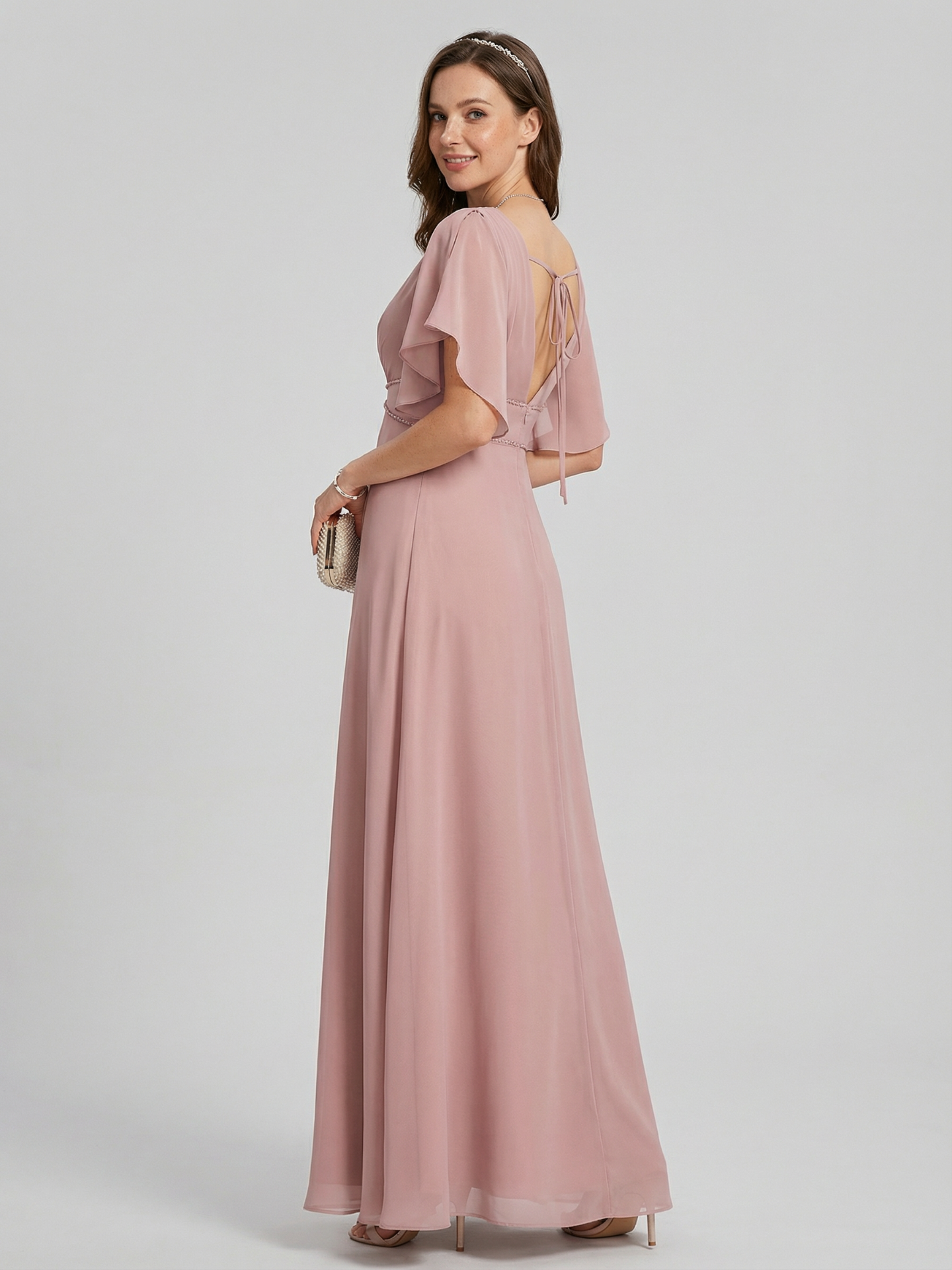 Coquette Dusty Rose Chiffon A-Line V-Neck V-Back Ankle-Length Bridesmaid Dress - Curvevia