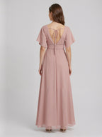 Coquette Dusty Rose Chiffon A-Line V-Neck V-Back Ankle-Length Bridesmaid Dress - Curvevia