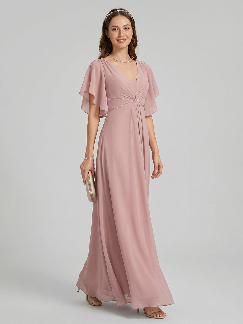Coquette Dusty Rose Chiffon A-Line V-Neck V-Back Ankle-Length Bridesmaid Dress - Curvevia