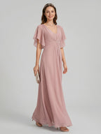 Coquette Dusty Rose Chiffon A-Line V-Neck V-Back Ankle-Length Bridesmaid Dress - Curvevia