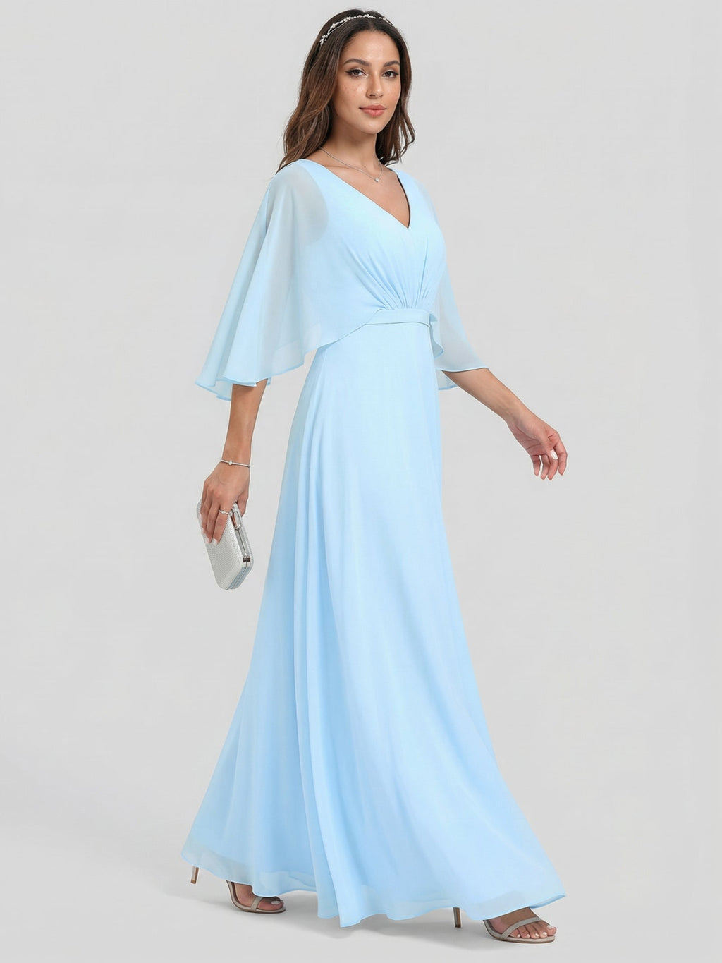 Sweet & Flowy Sky Blue Chiffon A-Line V-Neck Back Zip Ankle-Length Bridesmaid Dress - Curvevia