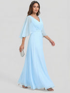 Sweet & Flowy Sky Blue Chiffon A-Line V-Neck Back Zip Ankle-Length Bridesmaid Dress - Curvevia