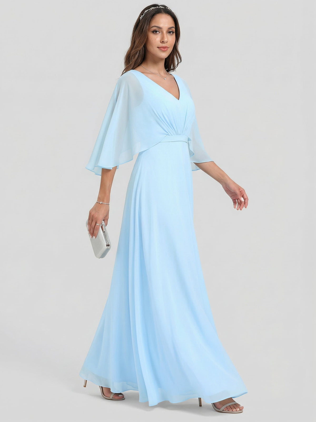 Sweet & Flowy Sky Blue Chiffon A-Line V-Neck Back Zip Ankle-Length Bridesmaid Dress - Curvevia