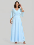 Sweet & Flowy Sky Blue Chiffon A-Line V-Neck Back Zip Ankle-Length Bridesmaid Dress - Curvevia