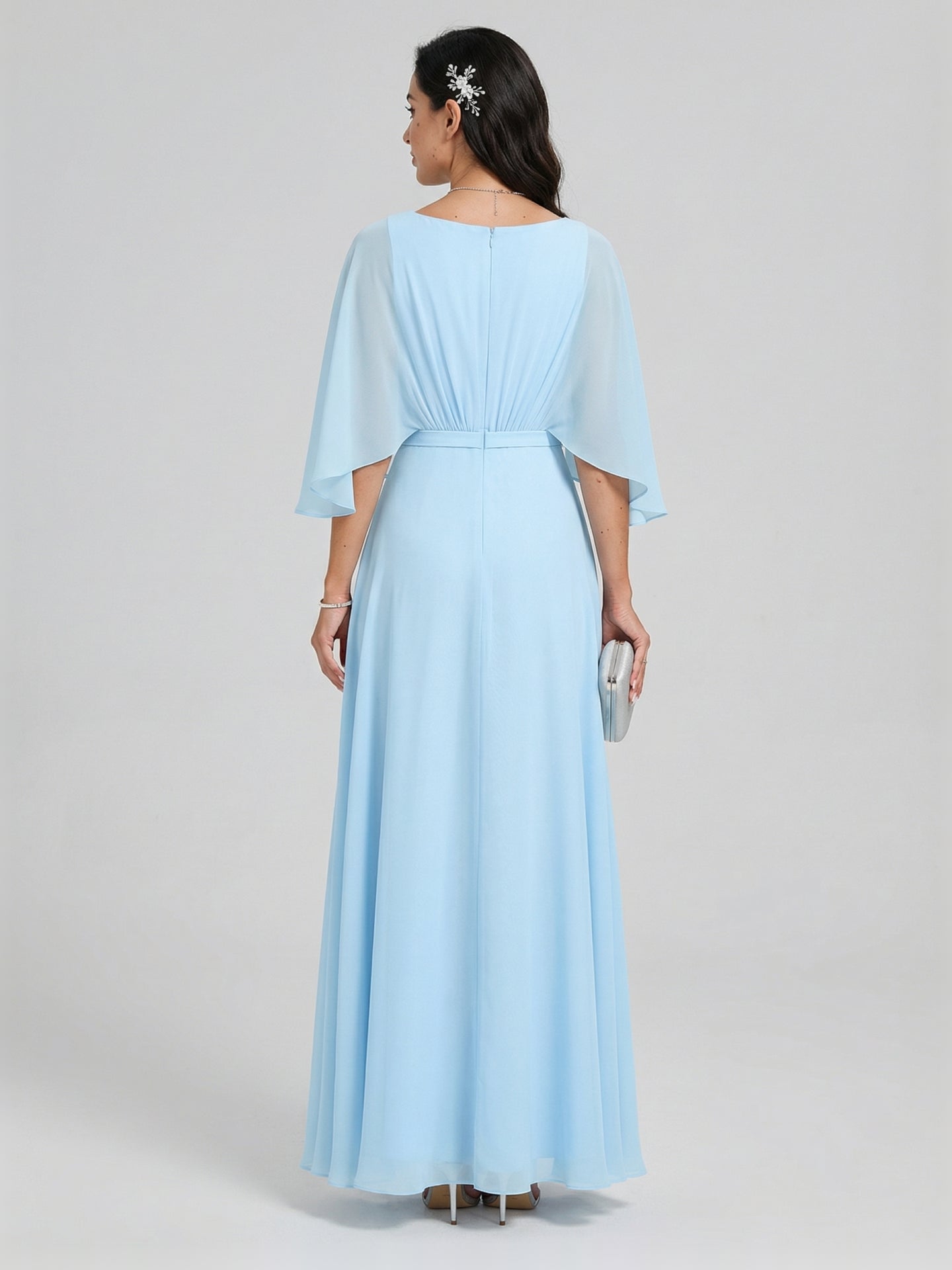 Sweet & Flowy Sky Blue Chiffon A-Line V-Neck Back Zip Ankle-Length Bridesmaid Dress - Curvevia