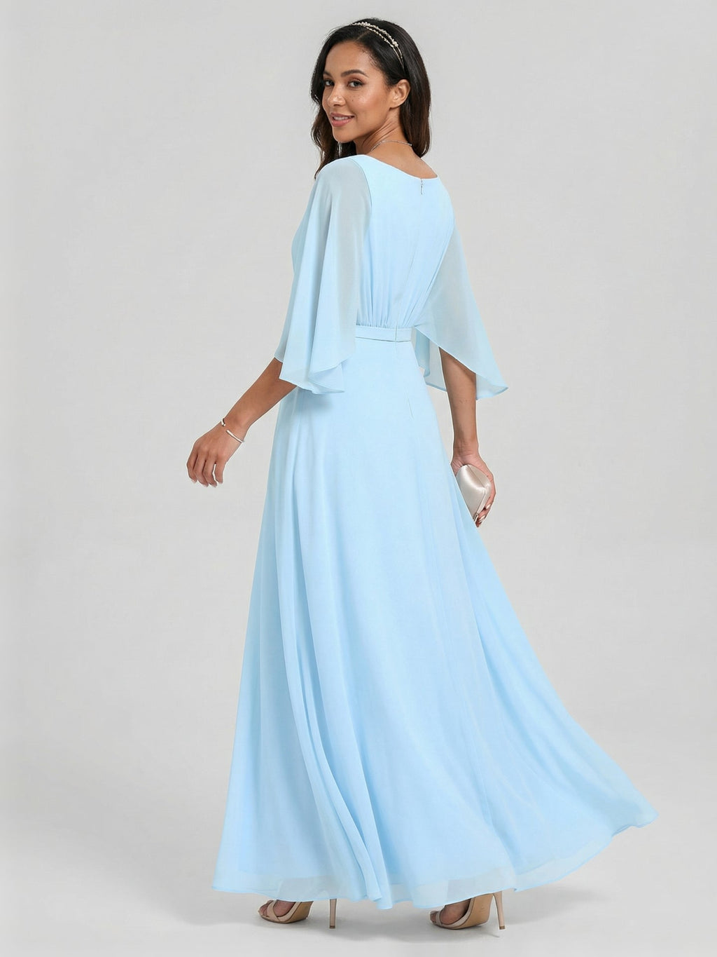 Sweet & Flowy Sky Blue Chiffon A-Line V-Neck Back Zip Ankle-Length Bridesmaid Dress - Curvevia