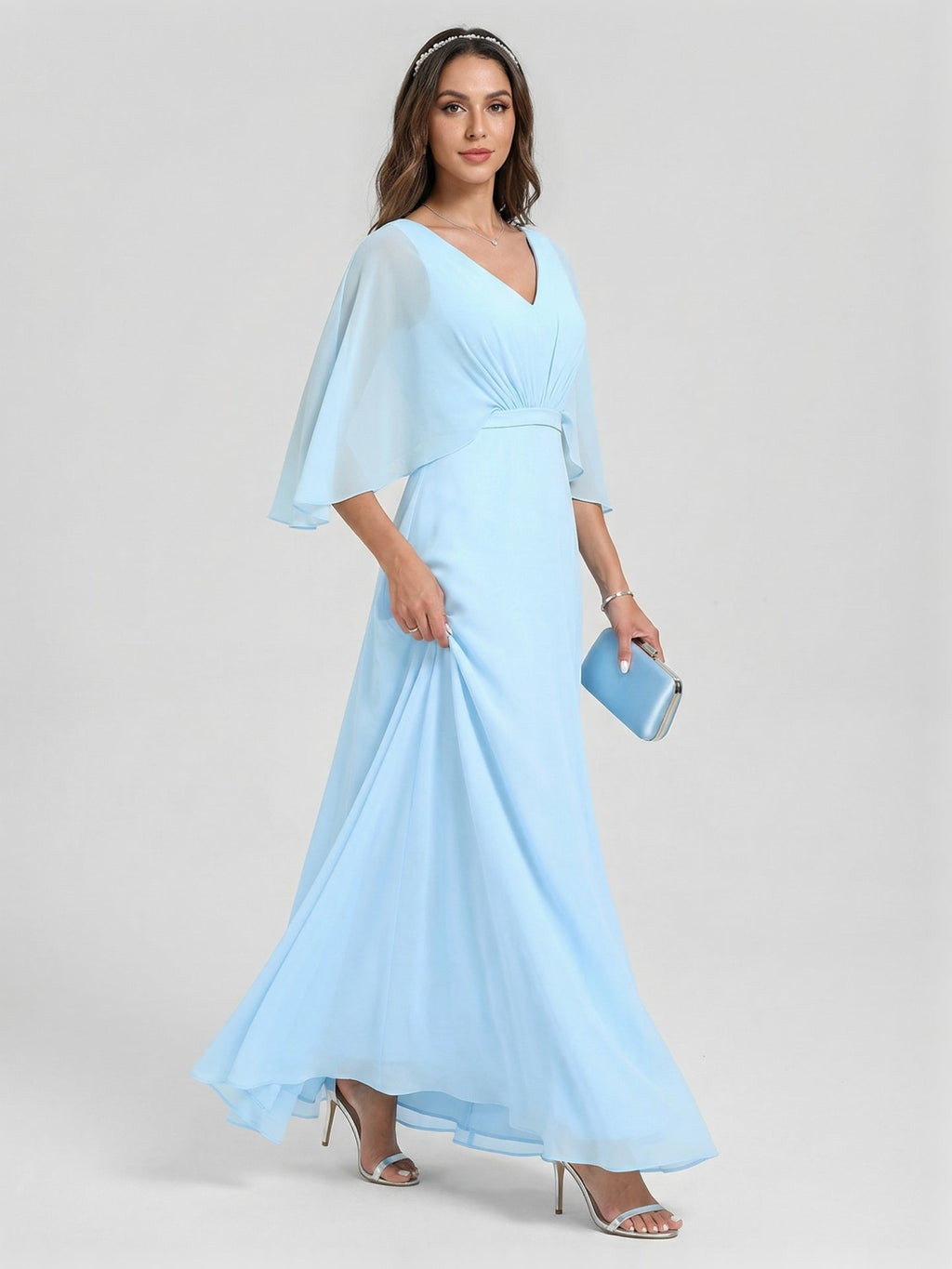 Sweet & Flowy Sky Blue Chiffon A-Line V-Neck Back Zip Ankle-Length Bridesmaid Dress - Curvevia